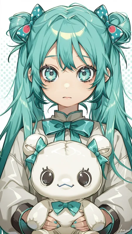 1girl, aqua bow, aqua bowtie, aqua eyes, aqua hair, bangs, blue bow, bow, double bun, hair bow, halftone background, hatsune miku, holding, looking at viewer, polka dot, polka dot background, signature, stuffed animal, stuffed toy, upper body white background<lora:Lumineth:1>