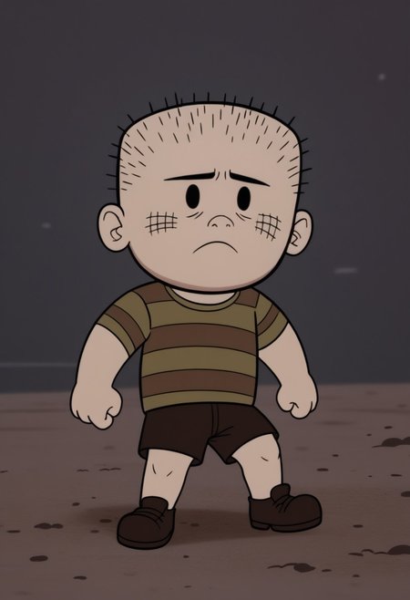 Solo, one character, 
1boy, HarryPitt, small body, large round head, short spiky stubble hair, light skin, black oval-shaped eyes, no sclera, crosshatch pattern on cheeks, button nose, unibrow, kiwi striped shirt, dark brown shorts, dark brown shoes,