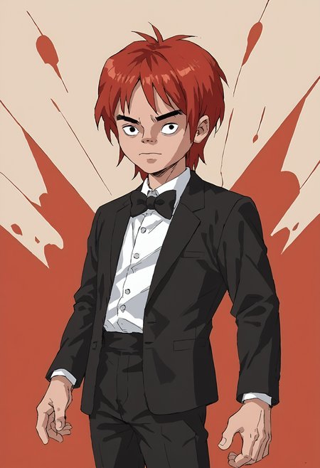 score_9, score_8up, score_7up, score_6up, score_5up, score_4up, dynamic angle, dutch angle, abstract background, source_cartoon, rating_safe, BREAK
solo, male, cro_magnon, red hair, black eyes, black tuxedo, formal, bowtie, pants, BREAK
<lora:Cro_the_Cro-Magnon_-_Cro_-_PDXL:1>, <lora:h4ruk4m1XLP:.6> h4ruk4m1 <lora:H3wl3ttXLP:.6> h3wl3tt <lora:Arwes_Dynamism_Style:.6> arwe, arwe's dynamism