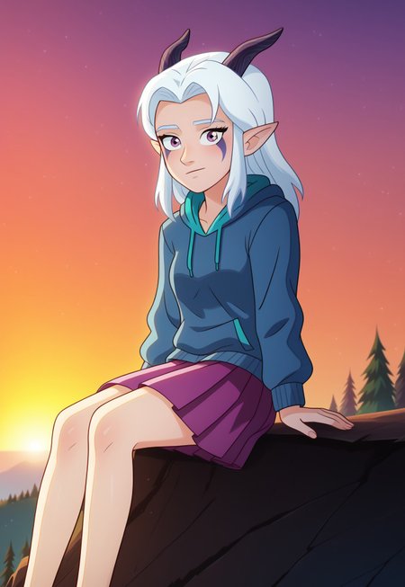mangamaster, 1girl, solo, Rayla, White Hair, Elf Ears, RayHorns, RayFacepaint, Colored Skin, Four Fingered Hand, grey hoodie, blue shirt, pink skirt, pleated skirt, denim jacket, sunset, sitting on a cliff edge, trees