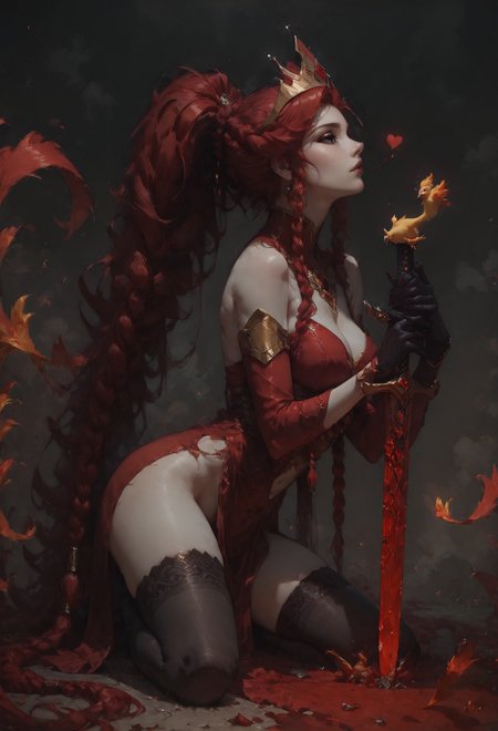 score_9, score_8_up, score_7_up,    1girl, solo, standing, front view, side view, (phoenix queen), open heart, taking heart out of her chest, very long hair, red hair, bangs, ponytail, braided hair, black makeup, red crown, thin body, (white skin), thigh gap, black gloves, erotic pose, (sexy red clothing, sexy black stockings), (provocative look), (holding a giant golden ZWEIHANDER sword, holding with both hands, sword resting on the ground, sword grounded:1.3)    <lora:Concept Art DarkSide Style LoRA_Pony XL v6:0.8> concept art, realistic  <lora:Expressive_H-000001:0.8> expressiveh  <lora:princess_xl_v2:0.8>  <lora:d4rk01lXLP:0.5> d4rk01l
