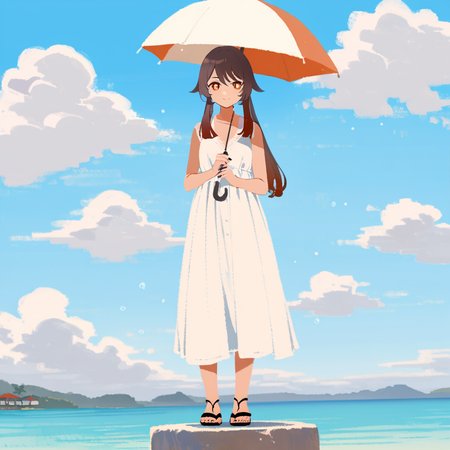 masterpiece, best quality,  <lora:style41-xl-a3.1:1>,1girl,hu tao \(genshin impact\),  umbrella, solo, dress, white dress, long hair, sandals,  holding, cloud, outdoors, sleeveless dress, sky, holding umbrella, sleeveless, standing, looking at viewer, blue sky, day, sundress, full body, bangs, cloudy sky, ocean, horizon, smile, white umbrella, jewelry, earrings, water, shadow,  parasol, closed mouth