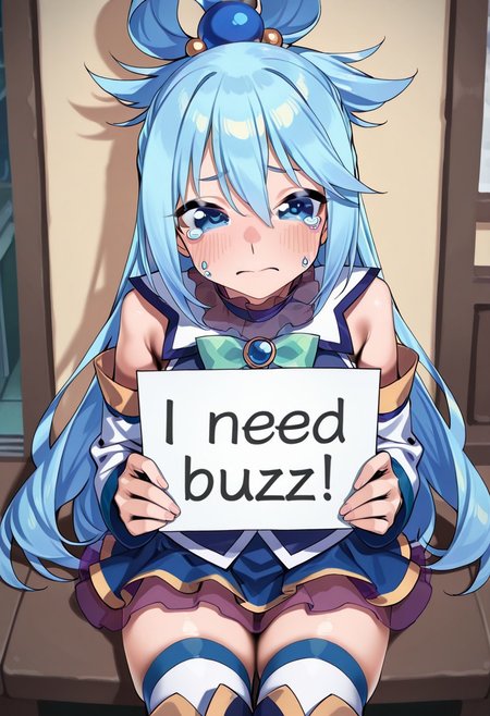 best quality,(masterpiece: 1.4), vivid colors, bright colors, absurdres, radient background, refraction, 1girl,solo,long hair,blue eyes,skirt,hair ornament,thighhighs,blue hair, aqua_crying_meme, need_buzz, holding sign, boots,detached sleeves,blue shirt,hair rings,blue thighhighs,aqua (konosuba),cowboy shot,room room background,sitting, zhao190,