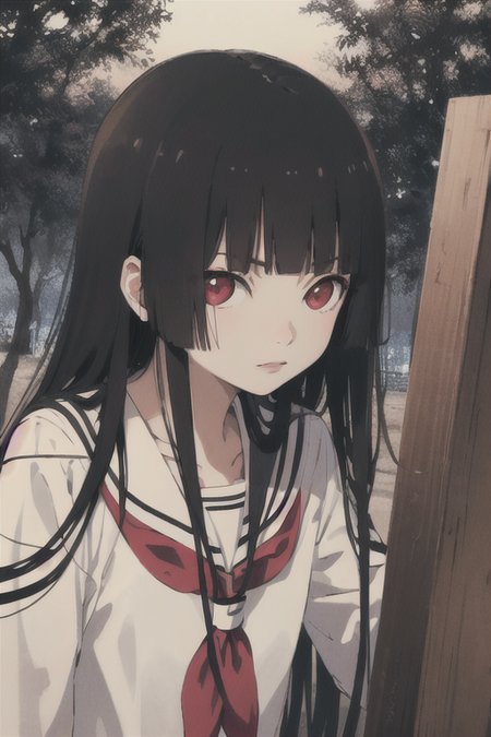 <lora:hellGirlEnmaAiLora_v1:1>, masterpiece, best quality, 1girl, solo, enma ai, black serafuku,