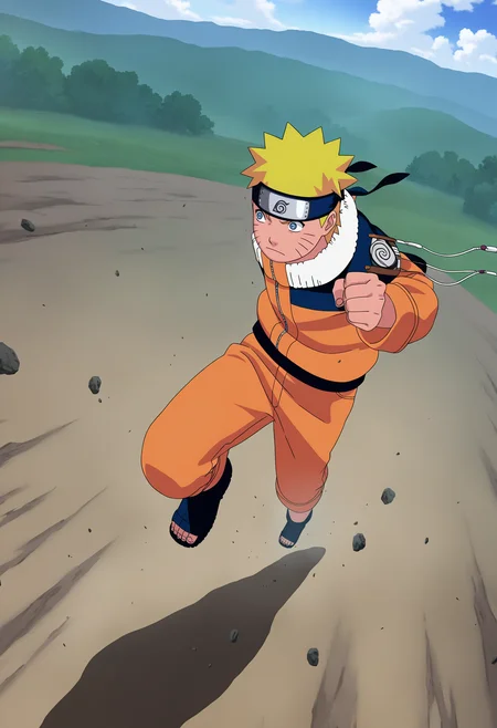 masterpiece, best quality, very aesthetic, absurdres, anime screencap, anime coloring,
1boy, uzumaki naruto, blonde hair, spiked hair, blue eyes, whisker markings, 
forehead protector, konohagakure symbol, orange jumpsuit,
dynamic angle, from above, running fighting stance, attack battle form, floating debris dust stones winds, official art, full body,  <lora:NarutoGeninNoobXL_byKonan:1>