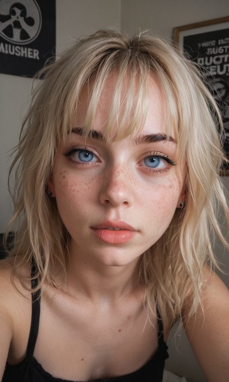 4k selfie with a excited expression, goth girl, deep focus, split-diopter lens, focus on her eyes, cluttered bedroom, posters on walls, warm lighting, long shaggy blonde, bangs between eyes, dark blue eyes, freckles, blush, natural lips, natural eyes, messy hair, black eyebrows, piercings, taking a selfie, bent forward,