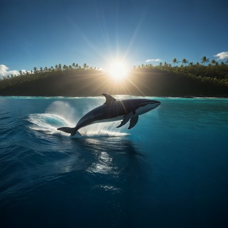 A whale leaping from the blue tropical ocean. Backlit.

Lens flare.

<lora:LensFlare01a_CE_XL_300-OT:0.4> lnsflrCE_style
