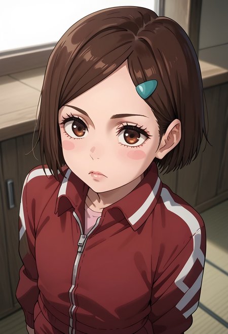 anime artwork, score_9, score_8_up, score_7_up, score_6_up, score_5_up, solo, perfect eyes, detailed eyes, beautiful female, detailed face, dynamics lines, 20 year old, perfect beautiful face, long eyelashes, sharp eyes pupils, room, (above view), side view, flat chest, wide hips, hips,,1 girl, nobara, brown hair, short hair, blue hair clip, brown eyes, blush stickers, red track jacket, red pants,