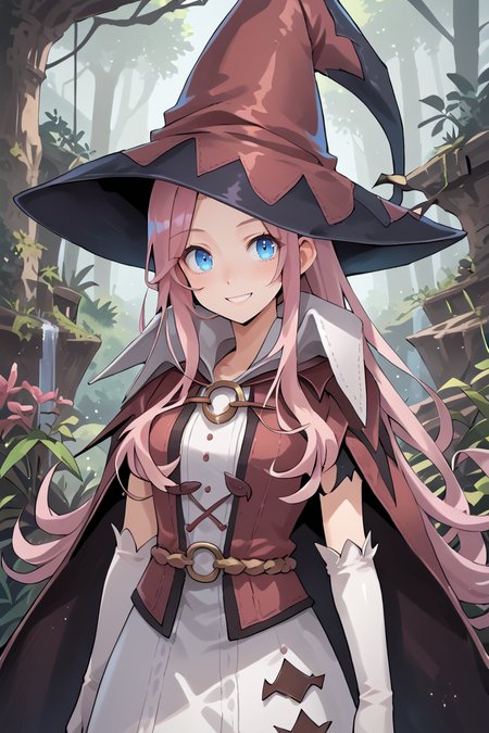 score_9, score_8_up, score_7_up, score_6_up, source_anime, BREAK, <lora:Pamela:0.85> pamdef, 1girl, pink hair, long hair, blue eyes, witch hat, white skirt, witch outfit, white elbow gloves, cape, (face), (close-up), looking at viewer, smile, happy, scenery, exterior, outdoors, forest, jungle,  <lora:backgroundsetXL:0.25> , background,  <lora:ExobeloStyle:0.75>