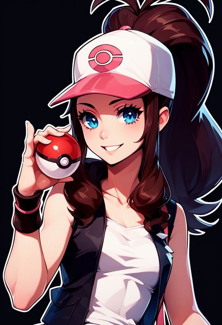 score_9, score_8_up, score_8, medium breasts, (curvy), cute, eyelashes,     
rating safe, 
BREAK,
holding pokeball, 
zzHilda, blue eyes, long hair, high ponytail, sidelocks, hat, collarbone, white shirt, black vest, sleeveless, wristband, short shorts, denim shorts, exposed pocket,
BREAK,
smile, looking at viewer, 
abstract background, black background, white outline,
zPDXL, Expressiveh