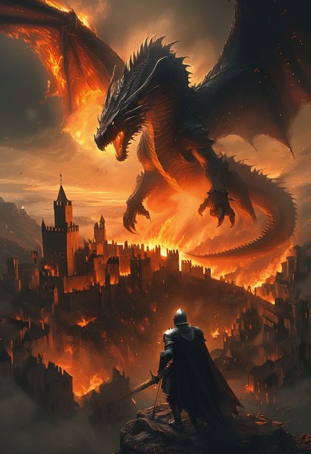In this mesmerizing illustration of a dark fantasy scene, a massive dragon spreads its wings wide, unleashing fiery destruction upon a medieval kingdom. Flames consume the castle walls and towers, casting an eerie glow over the village below. Amidst the chaos, a valiant knight stands boldly at the forefront, clad in powerful, glowing armor and wielding an enchanted sword that radiates with energy. His cape flutters dramatically, and his unwavering stance conveys the determination to protect his realm. The background showcases burning structures, villagers fleeing in terror, and dark, smoke-filled skies. The low-angle, wide-angle shot captures the epic scale of the battle and the knight's powerful aura, making it a truly cinematic experience., Bosstyle<lora:CyberRealistic_Negative-neg:1>  <lora:detailed_notrigger:1>  <lora:XL_boss_battle:1>