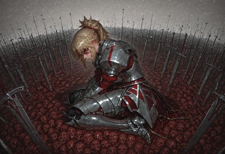 artist:moriimee, panorama, graphite \(medium\), masterpiece, best quality, good quality, newest, highres, absurdres, 8K, realistic, bright colors, from side, fisheye, battlefield, fisheye,  sword graveyard, army, pile of corpses, 
1girl, kneeling, head down, armored dress, mordred \(fate/apocrypha\), green eyes, blood over eye, surrounded, empty eyes, blank stare, 
 <lora:MoriiMee_Gothic_Niji_Style_Illustrious_r1:0.8> <lora:add-detail-xl:1>