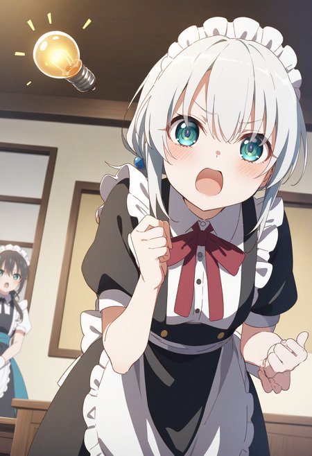 1girl,sincos, ningen mame, toosaka asagi,solo,medium breasts,20yo,maid,maid headdress,
Idea Light Bulb,<lora:Idealightbulb_XL_v1:0.8>
white hair, green eyes,envy, tea ceremony room, open mouth, low ponytail hair,,
best quality, very aesthetic, absurdres