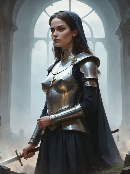 score_9, score_8, score_9_up, content_explicit, high quality, high contrast, realistic, masterpiece, best quality, hires, very aesthetic, 
(religious imagery, sacred geometry, extreme close up, macro, iconography:1.2), (pitch black, black oil:1.4), armored knight, resting on sword, battlefield, hand on hilt, grab, cinematic, intricate, detailed background, glistening, glossy, (shiny skin:1.3), <lora:Digital Art Style SDXL_LoRA_Pony Diffusion V6 XL:0.8>, from side,Shot on Polaroid SX-70,fine grain,cropped legs,135mm f1.8,overcast flat lighting,lifestyle photography,2000s