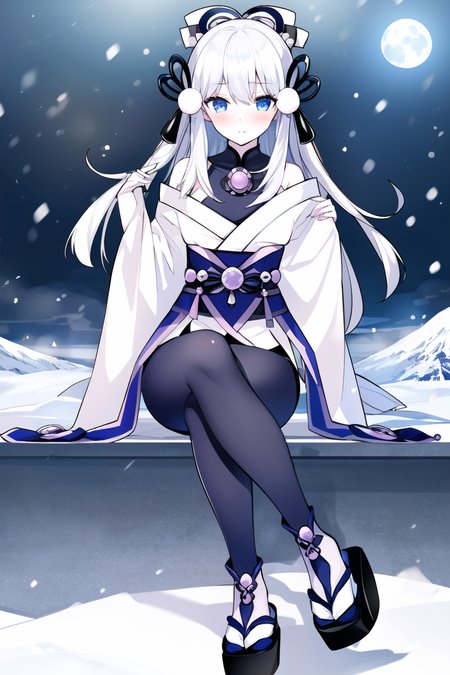 <lora:YukiOnnaYGO-20:0.8>, 
YukiOnnaYGO, AbsoluteZeroMayakashi , 1girl, sandals , solo, looking at viewer, snow storm , blush, sitting, night, snow, winter, dark, pale skin, full moon,