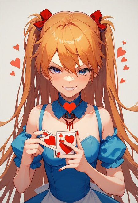 score_9, score_8_up, score_7_up, 1girl, alice in wonderland style, Asuka Langley, blue dress, detached collar, Queen of Hearts, holding card, smug grin