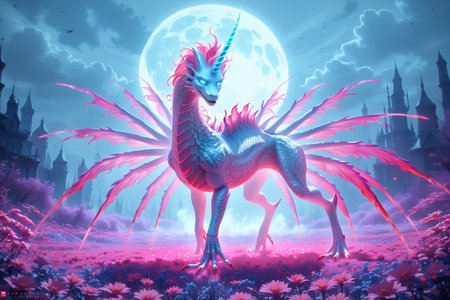 score_9, score_8_up, score_7_up (best quality, masterpiece, beautiful and aesthetic:1.2) glowing glass unicorn sits in a field of glowing blue-red frozen flowers, ominous darkness, moon, a lot of fog, haze, a lot of blue-red fireflies, silver scales shimmering in the moonlight , glowing eyes, white glowing mane <lora:CTDRM:0.7> ctdrm, dreamy, soft lighting, fantasy style, surreal lighting, sinister, mystical, archaic, very colorful, high resolution, many details, The image is a hyper-realistic CGI rendering of a hauntingly realistic