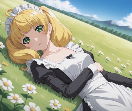 score_9, score_8_up, score_7_up, highres, hi res, best quality, masterpiece, 2d, intricate details, 4k, anime coloring,
1girl, solo, female, solo focus, blonde hair, twintails, green eyes, ahoge, blunt bangs, sidelocks,
breasts, medium breasts, small breasts, maid headdress, maid, maid apron, long sleeves, frilled skirt, frills, frilled dress, frilled sleeves, maid dress, collarbone, 
lying, on side, on back, cowboy shot, head tilt, looking up, outdoors, on grass, field, flower field, depth of field, mountain, horizon, blue sky, <lora:Yuzu1024_Pony:1>, ren'ai boukun, kichougasaki yuzu,