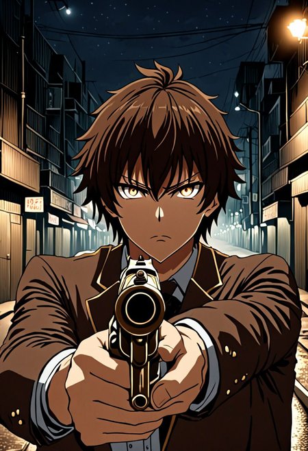 high resolution, solo, best quality, 1Boy, Seiya Kanie, Brownish Hair, portraits, midnight, dim street lights, mysterious, threatening, gun, aiming the gun to the viewer, OverallDetail