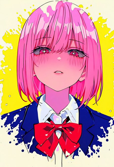masterpiece,best quality,absurdres, amazing quality, hi res, masterpiece, best quality, detailed, amazing quality, detailed face, detailed eyes, clean eyes, best quality, highres, very aesthetic, newest, ultra-detailed, illustration, (best quality:1.1),ultra-detailed, high resolution, super detailed skin, beautiful detailed eyes, nsfw, Brightly Lit, Highly Visible, 8k, sharp focus, beautiful, perfect lighting, beautiful eyes, anatomically correct, anatomically correct face, extremely detailed eyes, smooth edges, beautiful face, symmetrical eyes, symmetrical face, BREAK 748cmstyle, newest, (colorful:0.5), (lineart:0.8), (silhouette:0.4), StainedArt_IL, sketch, paint splatter, Spill Art, coffee spill art, 1girl, pink hair, pink eyes, parted lips, looking at viewer, short hair, portrait, school uniform, yellow background, collared shirt, blue jacket, bangs, bowtie, white shirt, blush, red bow
