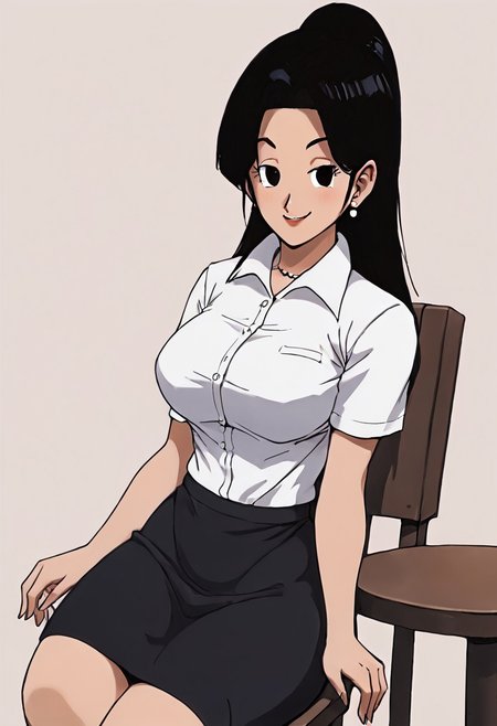 embedding:urn:air:sd1:embedding:civitai:222256@250708, score_9, score_8_up, score_7_up,, source_anime, rating_explicit, 
BREAK 
1woman,solo， Chi Chi, large breasts, suit, black shirt, short sleeves, short skirt, black skirt, brown pantyhose, smug, 
BREAK 
Simple background, chair, sitting on a chair,