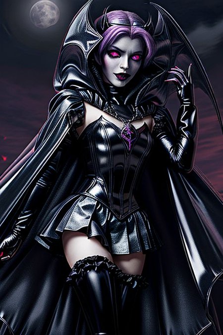MEvil, EvlSM, Bad_End_Precure, DarkPrecure, adult, evil corrupted princess wearing dark pastel (ruffled:1) (gleaming latex:1) (sailor senshi uniform) with (long latex vampire cloak:1.5) and latex gauntlets, soft lighting, ruffles,
( long legs, crescent, crescent facial mark, makeup, lipstick, mascara, eyeshadow),
(red eyes, colored skin, glowing eyes, evil smile),
<lora:more_details:0.5>,
<lora:midjourney style:0.5>