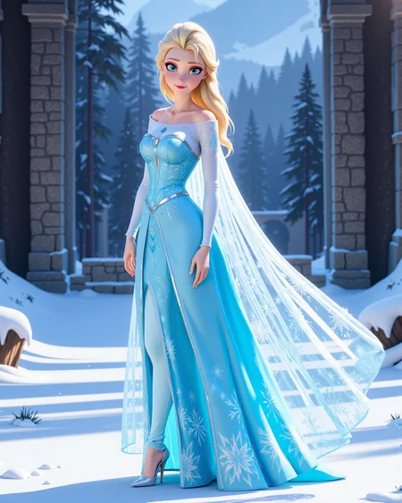 -looking at viewer, outdoors daylight, a 20 year old adult mature woman.
3d CGI Style,  side view photo of.
<lora:Frozen_-_Elsa_v2_000030:1> f-elsa, blue eyes, blonde hairice blue off-shoulder gown with sparkling snowflake patterns, sheer icy cape flowing from back, glittering high heels
Upper Body view passport style