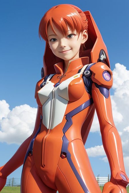 evangelion, souryuu asuka langley, 1girl, smug, closed mouth, smile wind, plugsuit, hand on hip, looking at viewer, solo