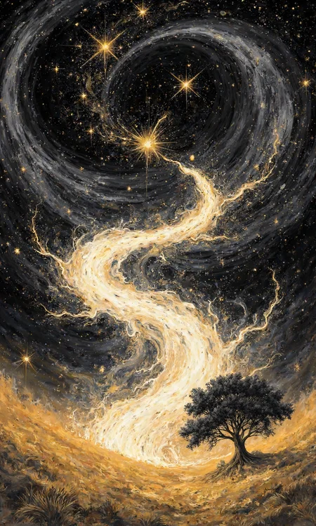 Vertical shot, imaginative digital artwork with a dreamlike and cosmic style, an abstract celestial landscape is appearing occupying the entire vertical frame, the art style is characterized by swirling, ethereal brushstrokes that evoke a sense of cosmic energy and motion, the color palette is tri-tone featuring black, white, and luminous gold, the uppermost section of the image is a swirling black vortex representing a cosmic night sky filled with nebulae and dark matter, within this vortex, radiant gold stars are scattered, each star exploding with golden light and dynamic brushstrokes that suggest celestial bodies, cascading below the cosmic sky, a flowing white river of stardust meanders across the center, representing a celestial pathway or a river of dreams, within this stardust river, shimmering gold star-like particles drift and glow, connecting the heavens and the earthly realm, the lower portion of the image is a field of golden light representing a dreamscape or a land of imagination, on the right edge of this golden dreamscape, a silhouette of a mystical black tree stands tall, its branches reaching towards the cosmic sky like pathways to other worlds, the lighting is magical and emanates from the golden stars and the golden dreamscape, casting an ethereal glow that illuminates the swirling brushstrokes and creates a sense of wonder and boundless imagination, the overall composition is vertically elongated, emphasizing the vastness of the cosmic landscape and the dreamlike quality of the scene., <lora:FLUX-daubrez-DB4RZ-v2:0.35> DB4RZ, DB4RZ style painting
<lora:ILLUSTRATION (FLUX) - V3.1:0.35> illustranion
<lora:aidmaMJ6.1_v0.5_3:0.35> aidmamj6.1, aidmamj6