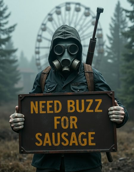 In a dense, fog-shrouded forest at twilight, a Ukrainian man is facing the camera in portrait from front  while wearing a soviet gas mask, standing in front of a ferris wheel. Ash covers his pale hands while his silhouette is barely visible through the thick mist, as the AK74 slung around his back is sticking out. He is holding a huge, horizontal, rusty metal sign with faded, mustard colored, stenciled text, that reads:("NEED BUZZ FOR SAUSAGE") in bold font. His clothes, worn out and stained, hang loosely on his body, blending with the eerie environment. The scenery is unnaturally quietâno birds, no rustling leavesâjust the faint sound of their breathing through the filters of the mask. His gas mask's darkened lenses reflect the pale, ghostly light of the setting sun, making him appear faceless and devoid of humanity. Behind him, old soviet buildings that have been abandoned for decades. As the mist swirls around him, the air is thick with an overwhelming sense of dread. <lora:ck-Chernobyl-Exclusion-Zone:1>, <lora:gun style v1:1>