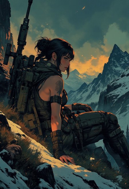 In the style of ff-td, nistyle, Silhouette Art, magnificent, crisp lines, closeup portrait of stunning mercenary, mountain top, overlooking a huge valley, beautiful girl, breasts, curvy, looking down scope, looking away from viewer, laying on the ground, laying ontop of jacket, aiming a sniper rifle, dark braided hair, backwards hat, armor, sleeveless, arm sleeve tattoos, muscle tone, dogtags, sweaty, foreshortening, depth of field, at night, night, alpine, lightly snowing, dusting of snow, 
Closeup, detailed face, freckles,