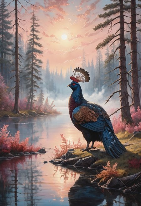 romantic art, low angle, This fantastical painting depicts a single capercaillie drinking water from a forest lake at sunrise with clouds casting shadows across the sky whips of fog still hugs the shores. The rising sun bathes the scene in a warm haze creating an ethereal atmosphere. The capercaillie feathers are painted with incredible detail each individual scale visible under the artist's skilled hand. The clouds in the background are depicted in a gradient of colors from soft pink to deep blues and reds adding to the dreamlike quality of the scene. The overall style is reminiscent of fantasy art with a focus on intricate details and a sense of wonder. The image is a true masterpiece showcasing the artist's exceptional skill in capturing the beauty and majesty of nature in a surreal and imaginative way. pastel colors,