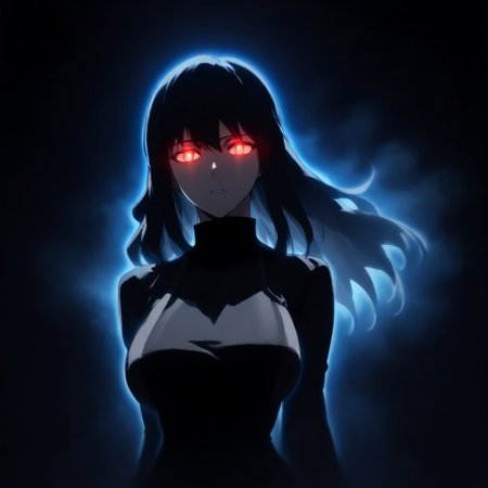 score_9, score_8_up, score_7_up, source_anime, expressive, anime, C0NTR4CT0R, speedlines, dynamic, 1girl, face_hidden, shadows, contrast, (long Hair:1.3), revealing clothing, body silhouette, shadows, large breasts, red_pupils, glowing, glowing eyes, BL4CK3STBL4CK, black_theme, matte_color, flat_color