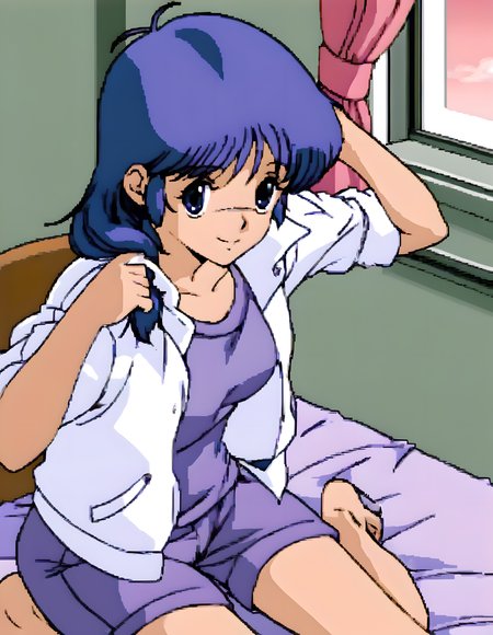 <lora:pony_xl_kasumi:1>,kasumi,score_9,source_anime,1girl,best quality,masterpiece,super fine illustration,solo,open jacket,open clothes,white jacket,sleeves rolled up,purple shirt,purple shorts,smile,:d,adjusting_hair,sitting,wariza,knees_together_feet_apart,from_above,indoor,bed_sheet,window_,curtains,cowboy_shot,
