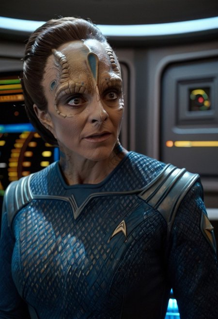 8k HDR, Cinematic film still portrait from blockbuster sci-fi science fiction movie, 35mm Fujifilm, IMAX, extremely detailed, female c4rd45514n alien, forehead crest, grey skin, ridges, scales, wearing starfleet uniform dress from star trek