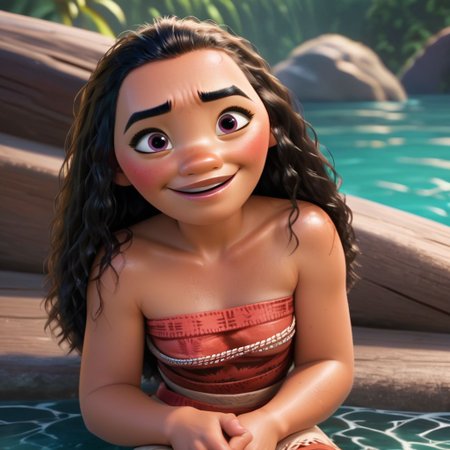 score_9, score_8_up, score_7_up, score_6_up, score_5_up, score_4_up, rating_explicit, Moana, in shallow water, laying sitting, small breasts, embarrassed smile, blushing, lots of pubic hair, looking up at viewer, wet