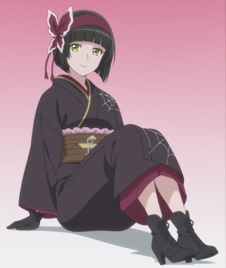 official art, absurdres, highres, anime coloring, hi res, best quality, masterpiece, 2d, intricate details, 4k,
1girl, solo, female, eyelashes, nose, short hair, bangs, green eyes, yellow eyes, black hair, blunt bangs, bob cut,
hairband, red hairband, pink hairband, bow, ribbon, hair ribbon, hair bow, red bow,
gloves, black gloves, japanese clothes, kimono, sash, obi, black kimono, spider web print,
boots, black footwear, high heels, high heel boots, ankle boots,
full body, looking at viewer, sitting,
depth of field, white background, <lora:Mio_(Character)_ILXL:1>, mio \(tsuki ga michibiku isekai douchuu\), tsuki ga michibiku isekai douchuu,