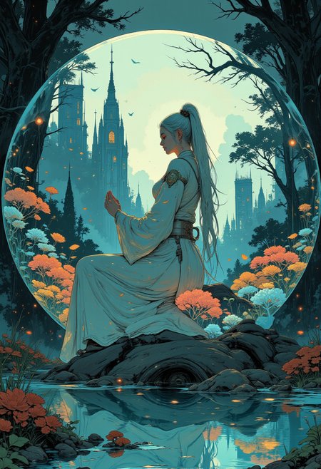 high quality, ultra detailed, colorful, fantasy, G0thicL1nes, a digital artwork depicting a serene, ethereal scene, the central figure is a woman with long, flowing, white hair that cascades down her back, she is seated on a rocky surface, with her knees bent and her hands clasped together in a prayer-like gesture, her skin is smooth and pale, with a delicate texture, the woman is wrapped in a large, transparent glass sphere that reflects the surrounding environment, inside the sphere, a vibrant coral reef is visible, with numerous colorful fish swimming around, the coral is a mix of pink and white, contrasting with the vivid colors of the fish, the background is a lush, forested area with tall, dark trees and a soft, diffused light filtering through the canopy, creating a mystical, otherworldly atmosphere, the water in the foreground is calm, reflecting the woman and the coral, and a small, colorful, reflective sphere is visible in the bottom right corner, adding a sense of depth and realism to the scene<lora:Ethereal_Brush_Anime_v1.0.safetensors:0.6:0.6> <lora:It's a LoRA for portraits, BUT! actually specialized in backgrounds. v1.0.safetensors:0.12:0.12> <lora:FluxMythG0thicL1nes.safetensors:0.6:0.6> <lora:Blue_Future.safetensors:0.9:0.9>