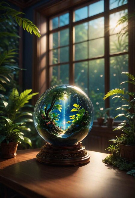 In the night room there is a glass sphere on the table, emitting a soft heavenly glow. Inside, the miniature galaxy is seething with cosmic energy and the galaxy within. Outside, the window of the room offers a tropical panorama. 8k, vray, IMax, hyperrealism, perfect light, bokeh Carl Zeiss 85mm, small depth of field, photorealistic, masterpiece, high resolution, best quality, cinematic shot, ultra-detailed, super realistic, Hyperrealistic art, high-quality, ultra high res, highest detailed, lot of details, Extremely high-resolution details, photographic, realism pushed to extreme, incredibly lifelike,