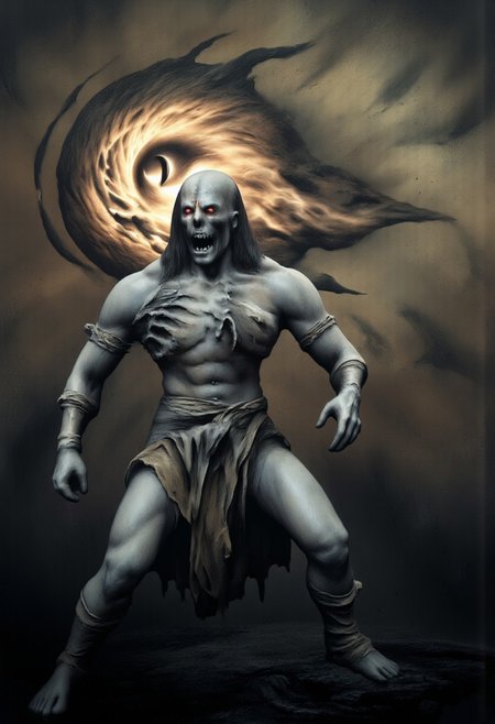 aidmaMJ6.1, Made out of paper, a PaperStyle , d4artstyle, d4concept, , d00mstyle, made of clay, ZBClay model of a gray sculpture
A ghastly, undead figure with a skeletal and emaciated appearance, its bluish-gray skin stretched tightly over bone and sinew. The creature's face is gaunt, with hollow cheeks, sunken eyes that glow with a malevolent red light, and a gaping mouth filled with sharp, decayed teeth. Dark, stringy hair falls from its head, adding to its haunting visage. It wears tattered remnants of cloth, wrapped around its waist and legs, as if from a distant time. Behind the creature, a swirling orb of fire burns fiercely, with a slit pupil resembling an eye within the flames, evoking a sense of dark magic or a sinister connection. The creature's stance is hunched and predatory, exuding an aura of death and malevolent energy.
Background solid color with a faded dimly lit, fog-covered darkness tone that emphasizes its silhouette. 
 The medium is not a traditional painting or illustrative medium like watercolor or ink but rather a digital rendering, eerie and unsettling.