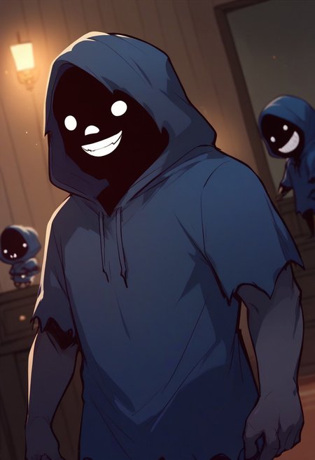score_9,score_8_up,score_7_up,score_6_up,blurry, blurry background,1boy,chibi,ghoul,solo,colored skin,black skin,hood,hood up,hooded cloak,standing,grin,smile,volumetric light,indoors,living room,cowboy shot, dutch angle