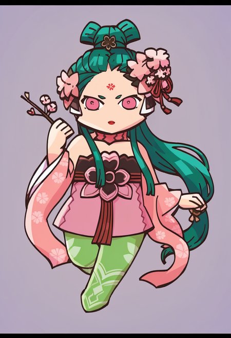 score_9, score_8_up, score_7_up, source_anime BREAK 1girl, solo,
 <lora:FEH-MTH-pdxl_Fp:1> chibi, simple background, full body
 <lora:zs_KonohanaSakuyaXL:1> konohanasakuyasmt, green hair, very long hair, pink eyes, lipstick, hair flower, forehead mark, choker, pink dress, japanese clothes, detached sleeves, green pantyhose