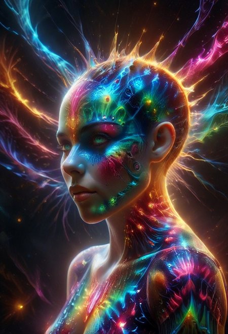 a full body fire entity girl with multicolored flames, purple and blue lights, green and blue flames, pink energy electric eyes, professional photography of an fantastical creature, young woman, shaved head Finely detailed, in a solarpunk environment, looking at viewer, solo, headwear removed, realistic, night blue sky, own hands, spooky makeup, entirely made of stars and galaxies, cyber light trails with whimsical elements, swirling magic, eerie fairytale landscape, elaborate fantasy style art, very colorful, intricate details, ultra sharp, exquisite detail, flawless composition, vivid colors, masterpiece, exciting background, psychedelicai, made out of,colorful,liquid,Murano Art Glass, GlowingInk, mad-glowtiedye, glowneon, glowing, sparks, lightning