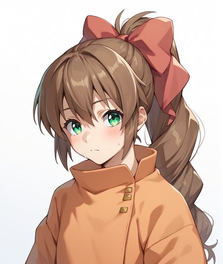 score_9, score_8_up, score_7_up, score_6_up, score_5_up, score_4_up, BREAK source_anime,
<lora:Yuta Kanami_PONY:1>,yuta kanami, 1girl, solo, brown hair, long hair, hair bow, ponytail, green eyes, orange shirt, red bow,white shorts,
