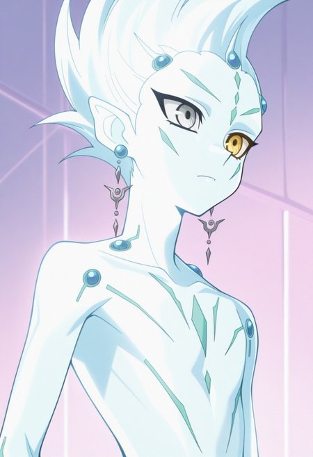 masterpiece,best quality,amazing quality, source_anime, 
astralzx, 1boy, male focus, solo, blue skin, spiked hair, pointy ears, earrings, heterocromia, grey eyes, yellow eyes, upper body, indoor, transparent,