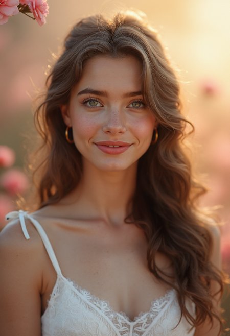 A close-up, high-resolution portrait of a young woman around 25 years old, with soft, delicate features and a warm, kind expression. She has a round face, large doe-like eyes with subtle makeup, and rosy cheeks that add to her innocent charm. Her lips are softly parted in a gentle smile. She wears a simple, elegant white dress with lace detailing, embodying purity and innocence. Her long, wavy hair cascades around her shoulders, styled naturally with a few loose strands framing her face. In the background, a soft, pastel-colored setting with blurred flowers and sunlight creates a serene, peaceful atmosphere. The lighting is soft and natural, adding a warm, welcoming glow to her complexion, enhancing the look of sweetness and sincerity. The overall image radiates kindness, innocence, and timeless beauty