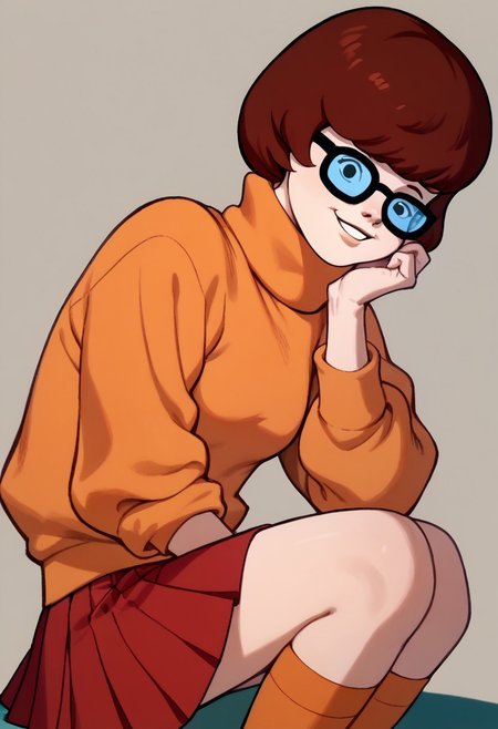 score_9, score_8_up, score_7_up BREAK VelmaCl, 1girl, brown bob cut, black eyes, glasses, orange turtleneck sweater, short red pleated skirt, orange knee-high socks, red mary jane shoes, smiling at viewer,