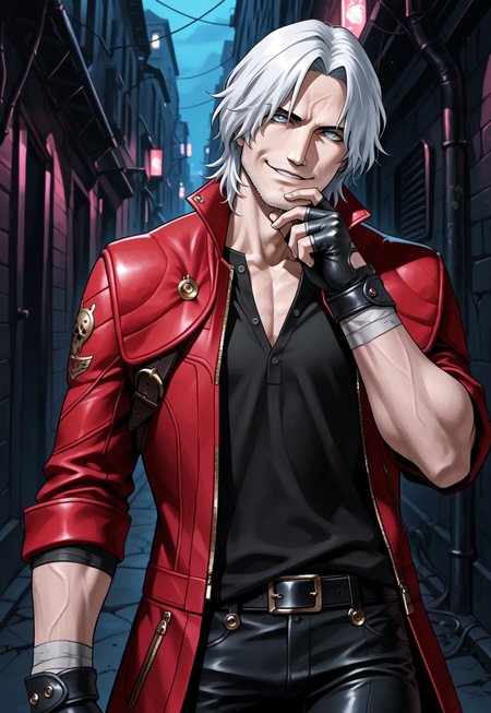 kanekostyle, lipstick, eye shadow, eyelashes, masterpiece, best quality, hyper-Detailed, 1man, solo, male focus, alone, detailed, Dante ((toned body, fair skin, white hair parted in the middle, blue detailed eyes, white beard stubble)), ((wearing red coat over, black shirt, black pants, black belt, black fingerless gloves)), looking at the viewer, smiling, hand on chin, standing, dark alley, night