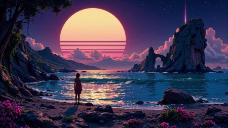 (ocean:1.3),  beautiful (Citizen of Kiribati) fantasy landscape, dusk, woman, very intricate, very detailed, sharp, colorful, <lora:Hand v2:1> <lora:Anti-Blur:1> <lora:Insane Detail Slider:0.5>  <lora:Flux.1_Turbo_Detailer:0.6> <lora:flux.1_lora_flyway_Epic-detail_v2:0.6> <lora:ck-Neon-Retrowave:0.6> ck-rw, in the style of ck-rw,  <lora:Neurocore Anime Cyberpunk:1> A digital artwork in the style of cknc,