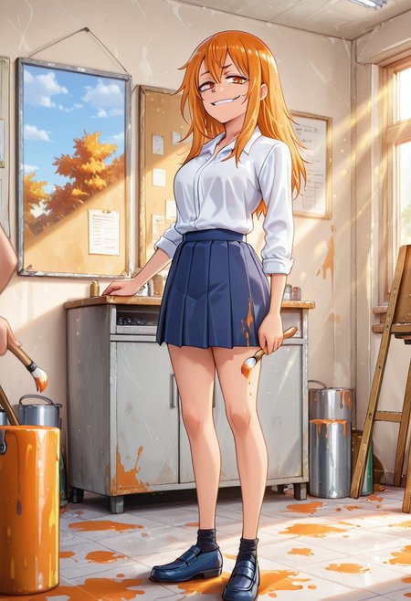 1girl, solo, masterpiece, best quality, newest, absurdres, CG, anime, source anime, illustration, very aesthetic, high resolution, ultra-detailed, newest, scenery, medium depth of field, rule of thirds, masterpiece-level, clean lines, Nagatoro_Hayase
BREAK 1girl, ((solo)), (solo focus:1.25), Gamou_Maki, orange_eyes, orange_hair, long_hair, hair_between_eyes, medium_breasts
 school_uniform, white_shirt, collared_shirt, pleated_skirt, blue_skirt, sleeves_rolled_up
standing, paints on the wall, smug, smug grin, evil smile, teasing, holding a paintbrush in her hand, paint dripping from the brush, paint spots on the floor, a can of paint spilled on the ground next to her, looking at viewer, full body
indoors, art studio, canvases on stands, paint cans, brushes, day, alternate poses, sunny day, sunlight, from both sides
cinematic angle, various angles, detailed background, beautiful background, (rays light:1.0),(grow:1.0) mystical, luminism, vibrant colors